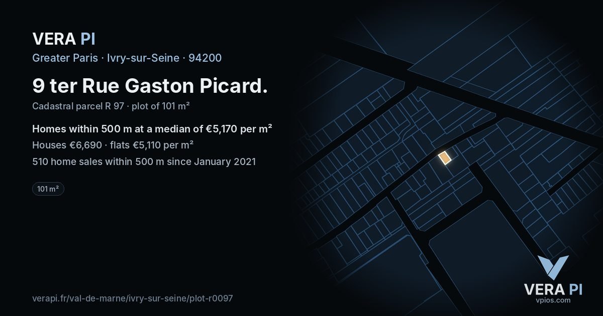 9 ter Rue Gaston Picard, Ivry-sur-Seine at night – the plot lit, the parcels around coloured by the prices near them
