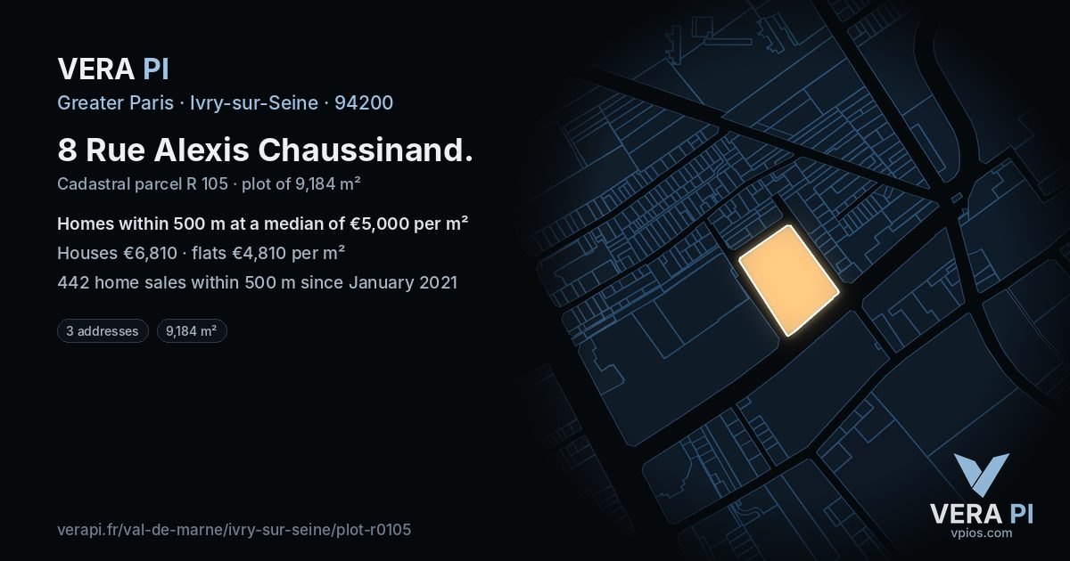 8 Rue Alexis Chaussinand, Ivry-sur-Seine at night – the plot lit, the parcels around coloured by the prices near them