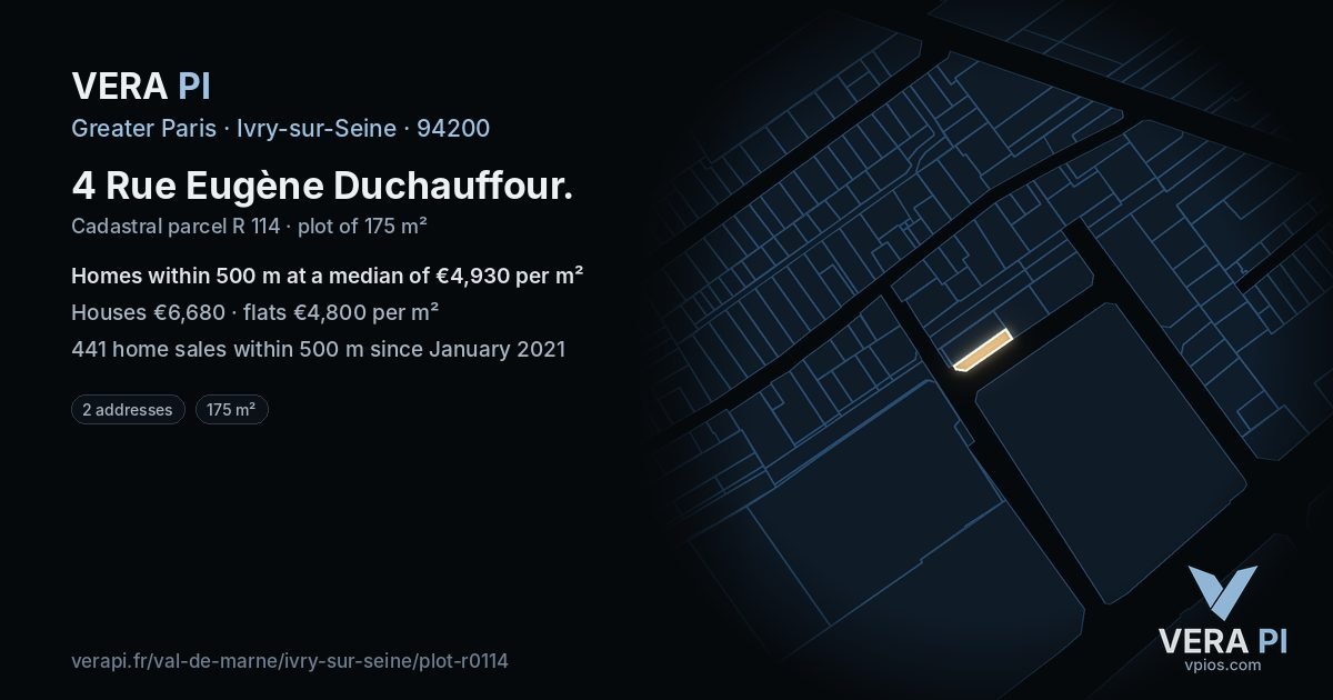 4 Rue Eugène Duchauffour, Ivry-sur-Seine at night – the plot lit, the parcels around coloured by the prices near them