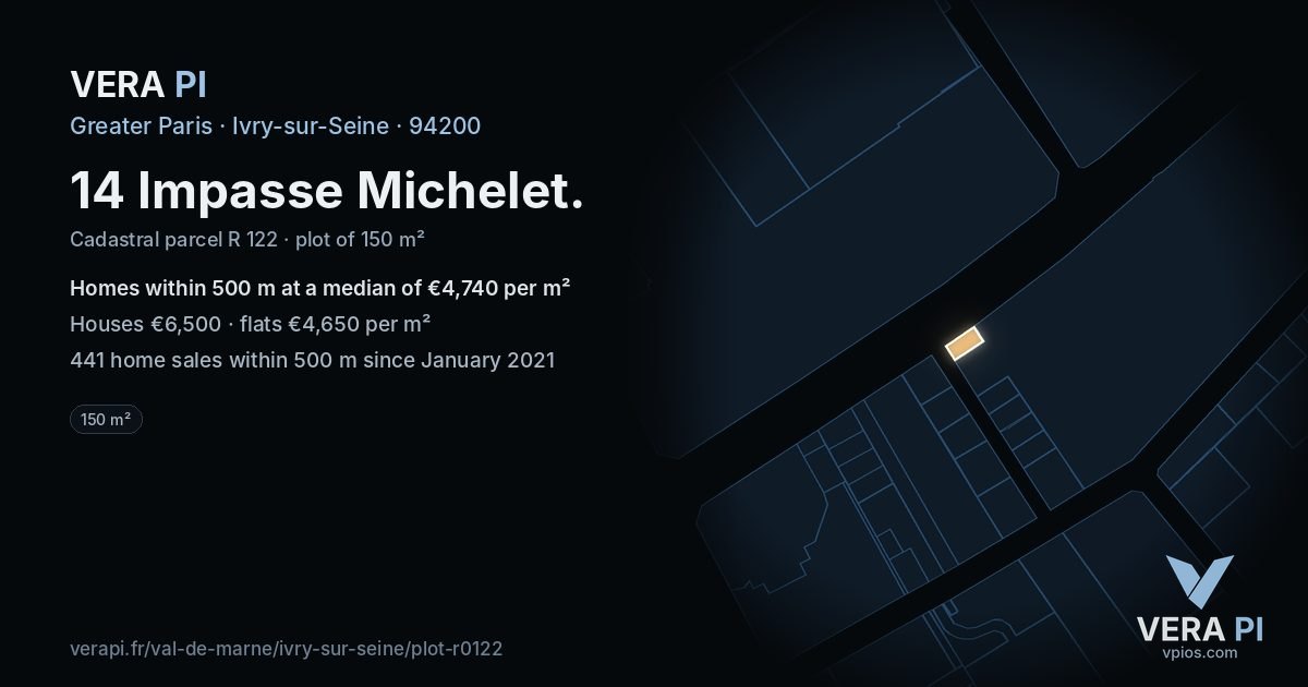 14 Impasse Michelet, Ivry-sur-Seine at night – the plot lit, the parcels around coloured by the prices near them