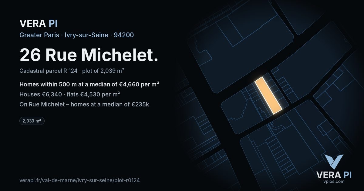 26 Rue Michelet, Ivry-sur-Seine at night – the plot lit, the parcels around coloured by the prices near them