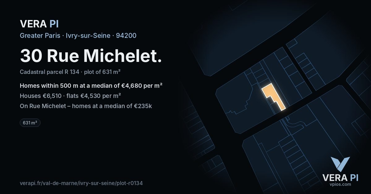 30 Rue Michelet, Ivry-sur-Seine at night – the plot lit, the parcels around coloured by the prices near them