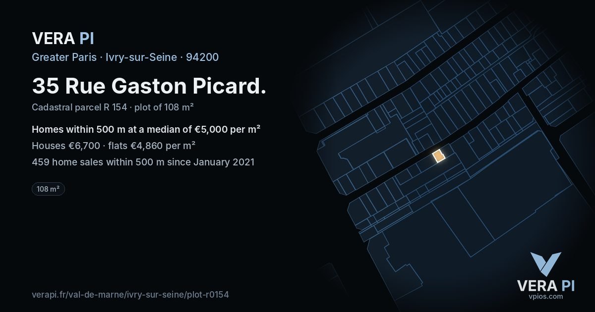 35 Rue Gaston Picard, Ivry-sur-Seine at night – the plot lit, the parcels around coloured by the prices near them