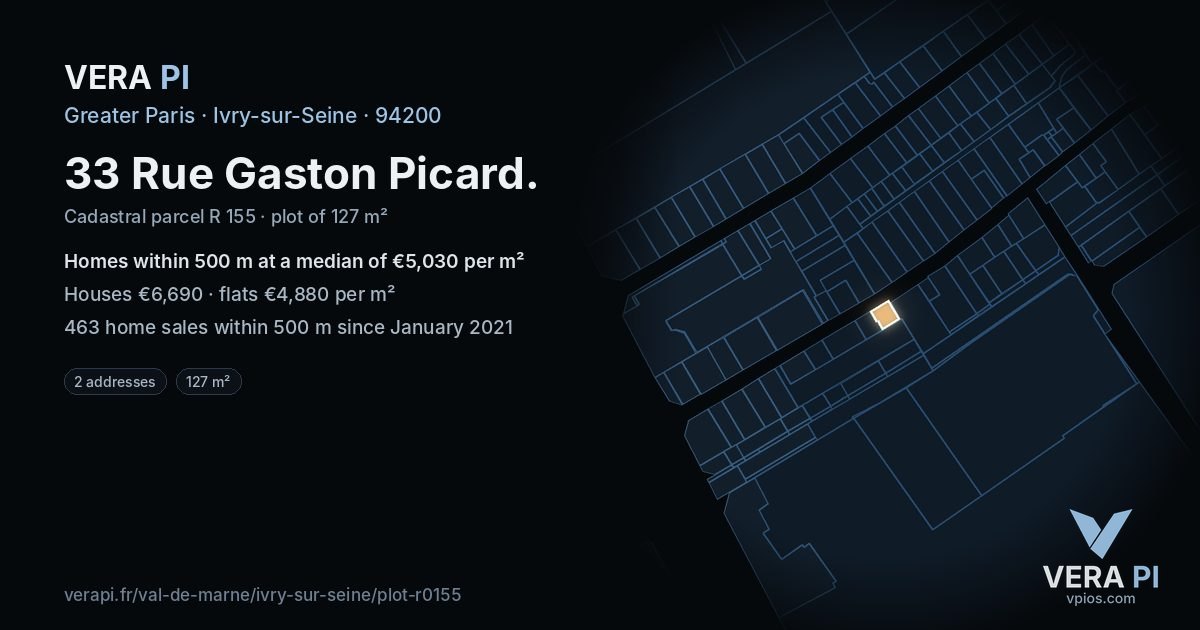 33 Rue Gaston Picard, Ivry-sur-Seine at night – the plot lit, the parcels around coloured by the prices near them