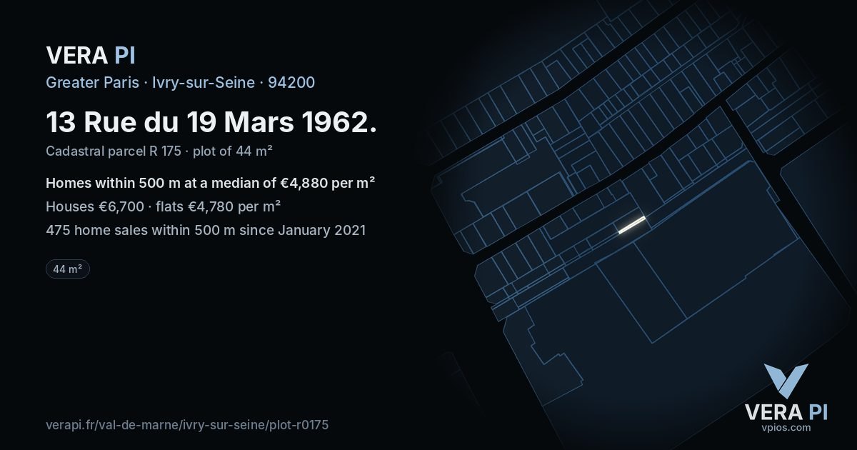 13 Rue du 19 Mars 1962, Ivry-sur-Seine at night – the plot lit, the parcels around coloured by the prices near them
