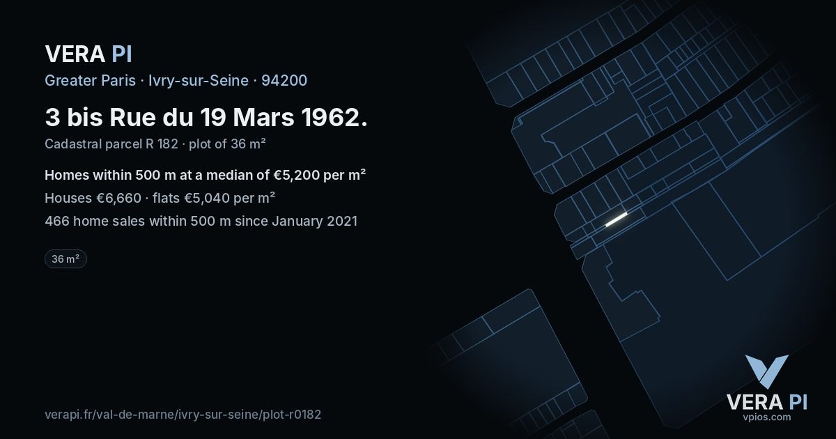 3 bis Rue du 19 Mars 1962, Ivry-sur-Seine at night – the plot lit, the parcels around coloured by the prices near them