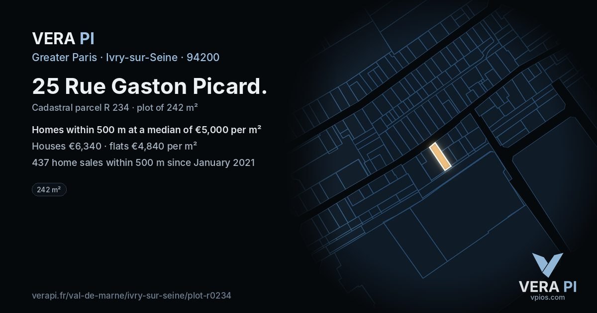 25 Rue Gaston Picard, Ivry-sur-Seine at night – the plot lit, the parcels around coloured by the prices near them