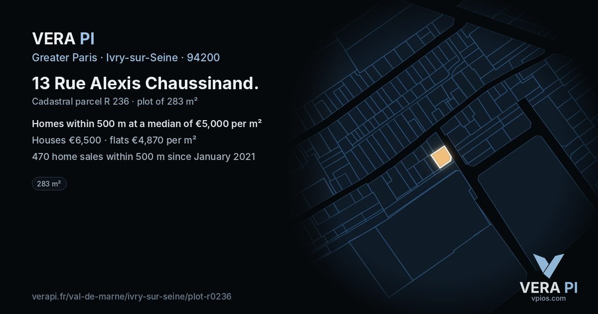 13 Rue Alexis Chaussinand, Ivry-sur-Seine at night – the plot lit, the parcels around coloured by the prices near them