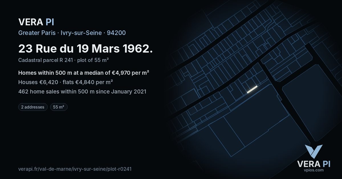 23 Rue du 19 Mars 1962, Ivry-sur-Seine at night – the plot lit, the parcels around coloured by the prices near them