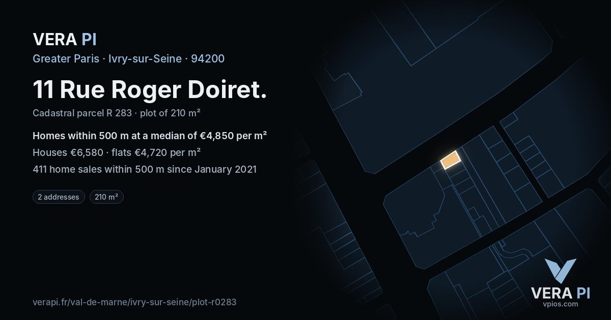 11 Rue Roger Doiret, Ivry-sur-Seine at night – the plot lit, the parcels around coloured by the prices near them