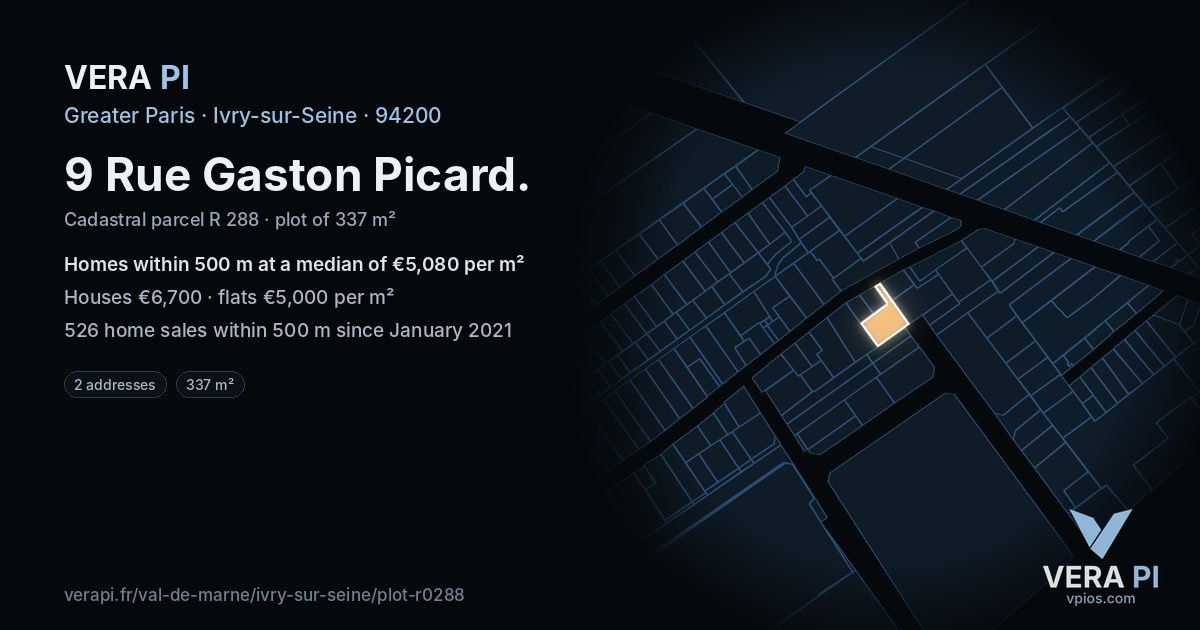 9 Rue Gaston Picard, Ivry-sur-Seine at night – the plot lit, the parcels around coloured by the prices near them