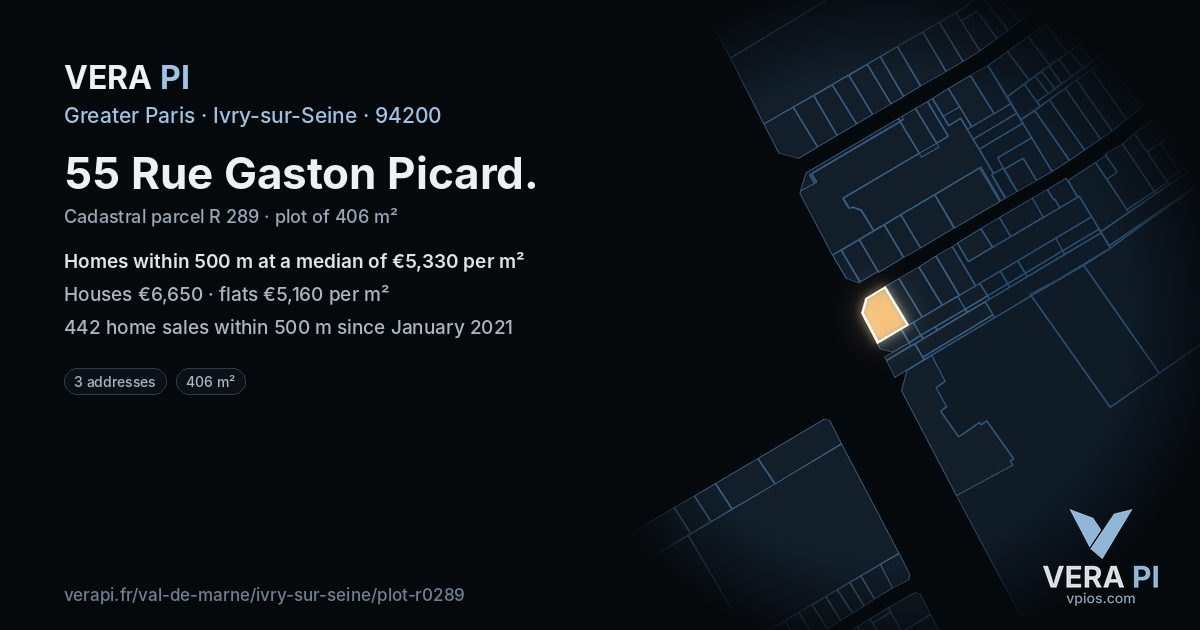 55 Rue Gaston Picard, Ivry-sur-Seine at night – the plot lit, the parcels around coloured by the prices near them