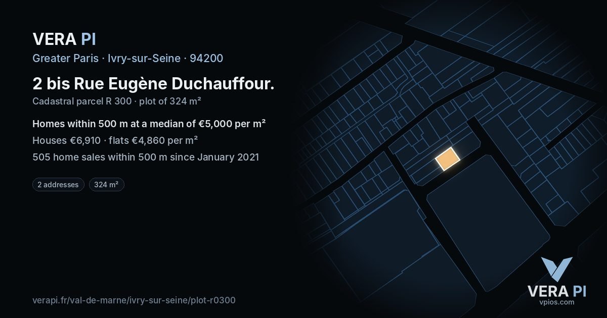 2 bis Rue Eugène Duchauffour, Ivry-sur-Seine at night – the plot lit, the parcels around coloured by the prices near them