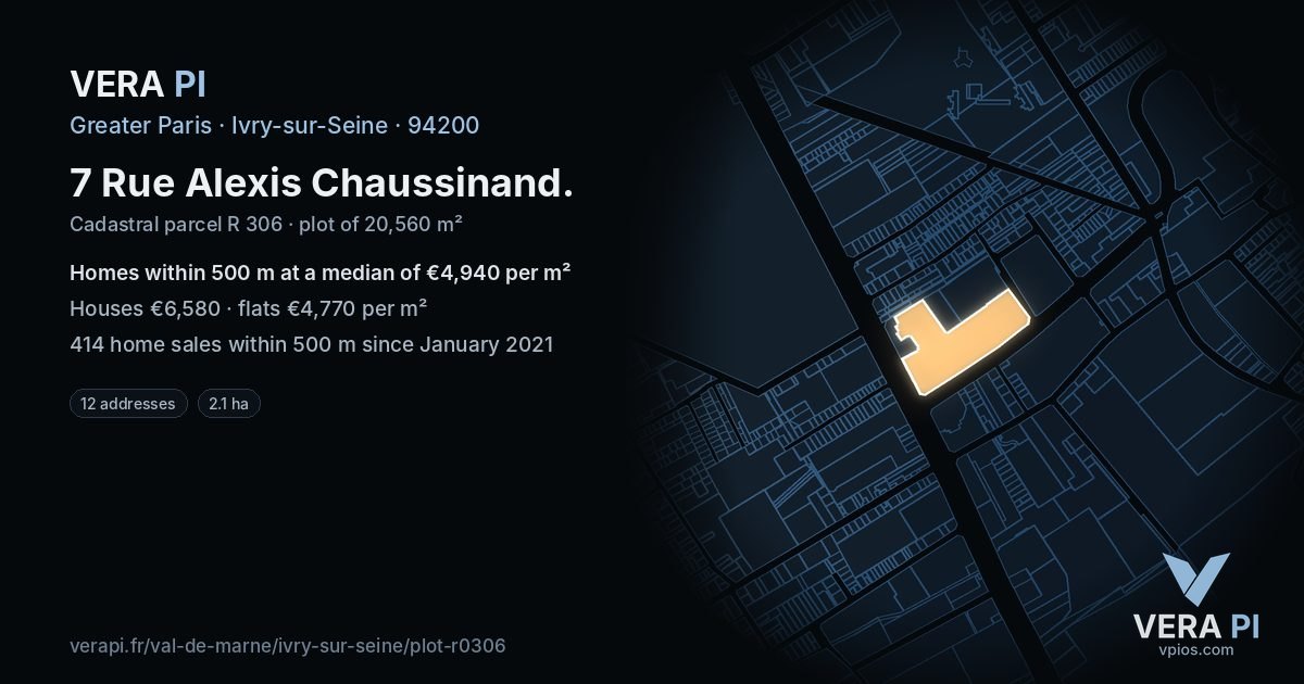 7 Rue Alexis Chaussinand, Ivry-sur-Seine at night – the plot lit, the parcels around coloured by the prices near them