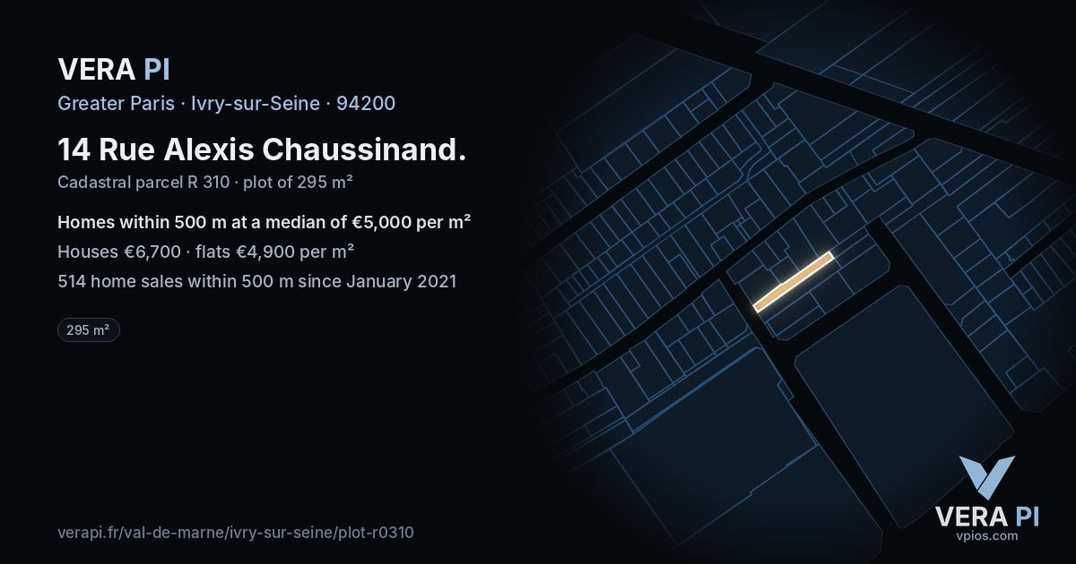 14 Rue Alexis Chaussinand, Ivry-sur-Seine at night – the plot lit, the parcels around coloured by the prices near them