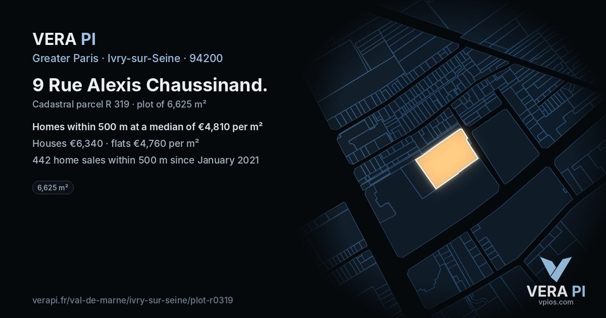 9 Rue Alexis Chaussinand, Ivry-sur-Seine at night – the plot lit, the parcels around coloured by the prices near them