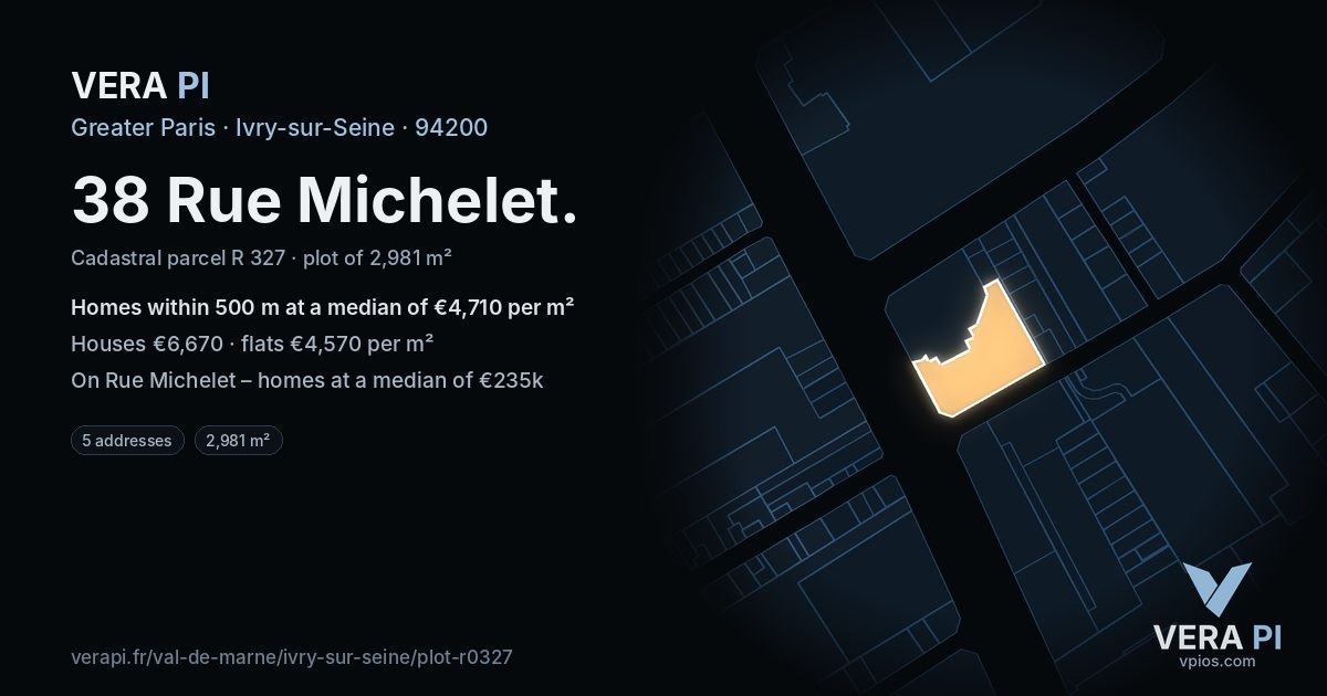 38 Rue Michelet, Ivry-sur-Seine at night – the plot lit, the parcels around coloured by the prices near them