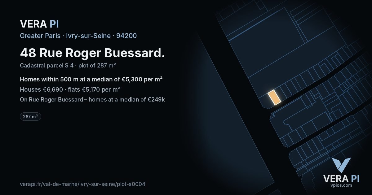 48 Rue Roger Buessard, Ivry-sur-Seine at night – the plot lit, the parcels around coloured by the prices near them