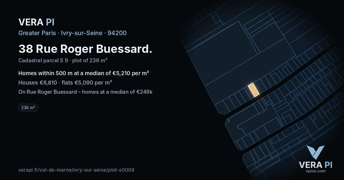 38 Rue Roger Buessard, Ivry-sur-Seine at night – the plot lit, the parcels around coloured by the prices near them