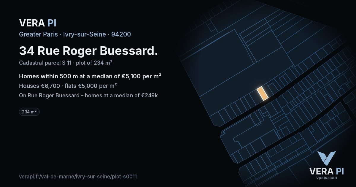34 Rue Roger Buessard, Ivry-sur-Seine at night – the plot lit, the parcels around coloured by the prices near them