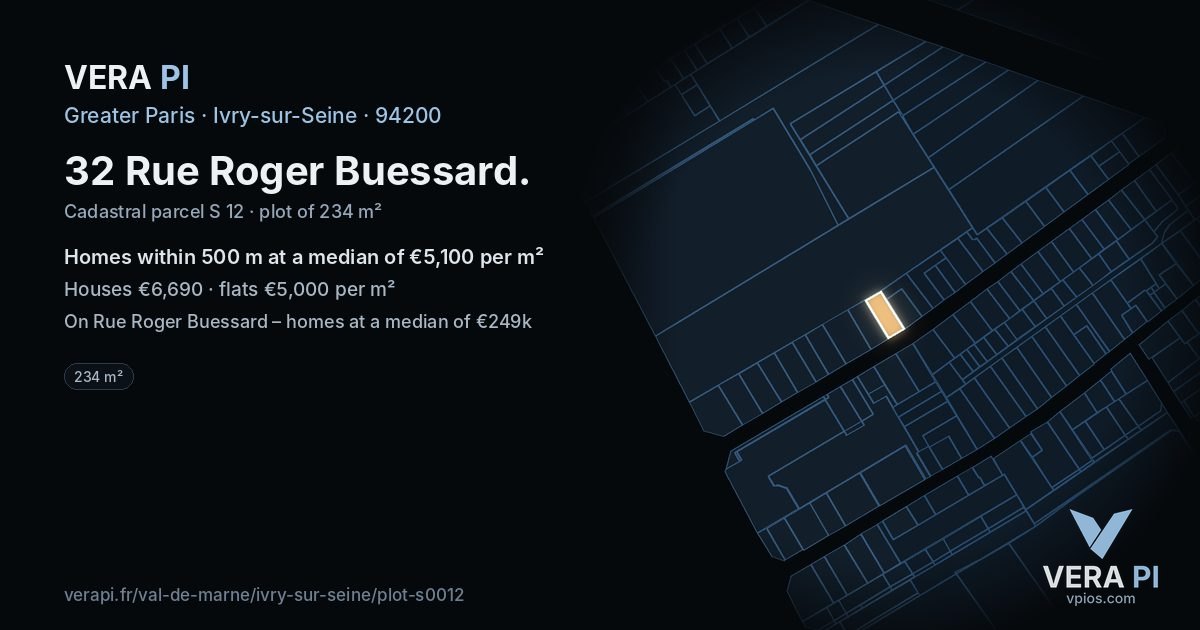 32 Rue Roger Buessard, Ivry-sur-Seine at night – the plot lit, the parcels around coloured by the prices near them