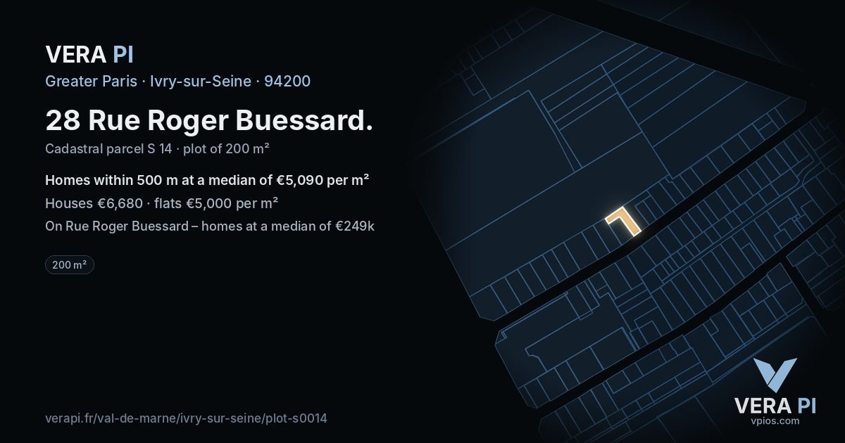 28 Rue Roger Buessard, Ivry-sur-Seine at night – the plot lit, the parcels around coloured by the prices near them