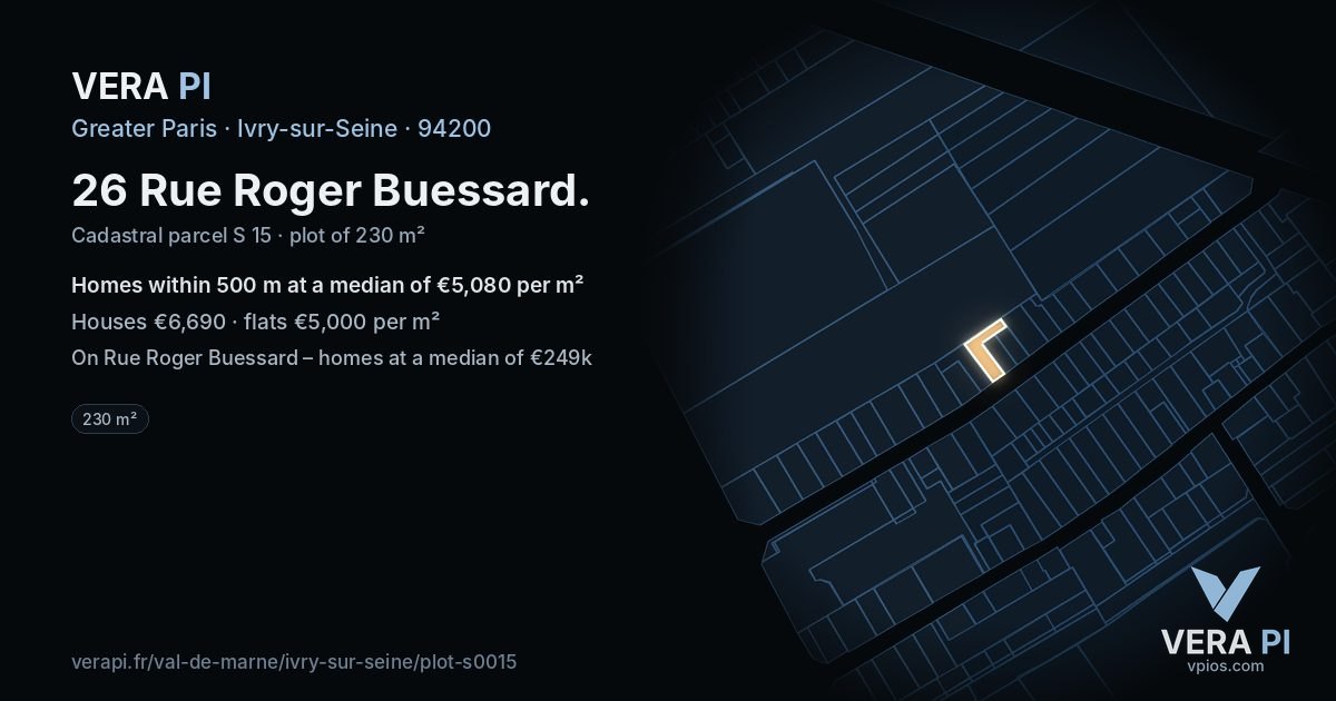 26 Rue Roger Buessard, Ivry-sur-Seine at night – the plot lit, the parcels around coloured by the prices near them