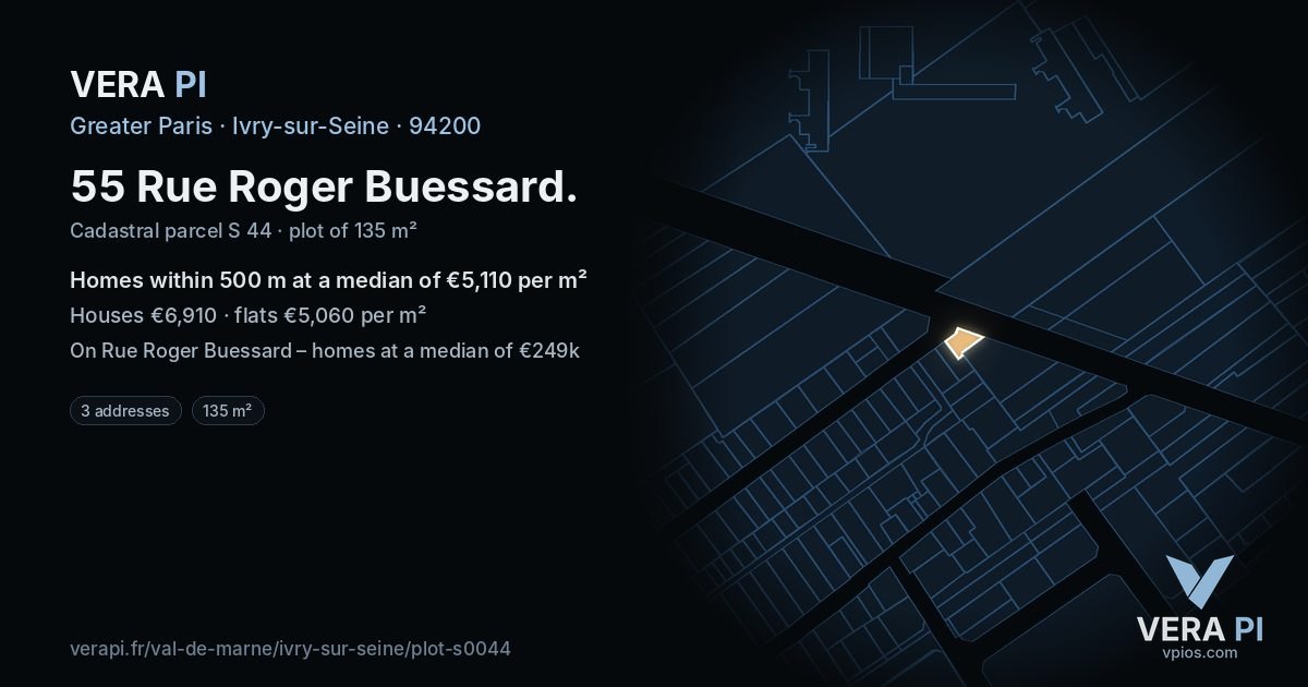 55 Rue Roger Buessard, Ivry-sur-Seine at night – the plot lit, the parcels around coloured by the prices near them
