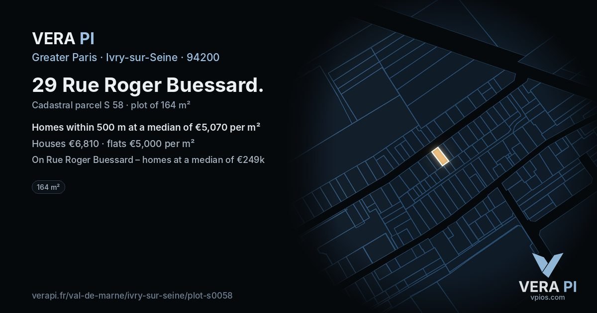 29 Rue Roger Buessard, Ivry-sur-Seine at night – the plot lit, the parcels around coloured by the prices near them