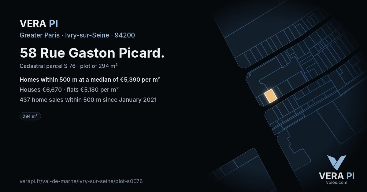 58 Rue Gaston Picard, Ivry-sur-Seine at night – the plot lit, the parcels around coloured by the prices near them