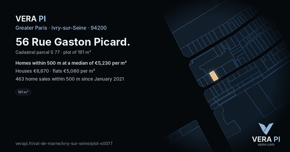 56 Rue Gaston Picard, Ivry-sur-Seine at night – the plot lit, the parcels around coloured by the prices near them