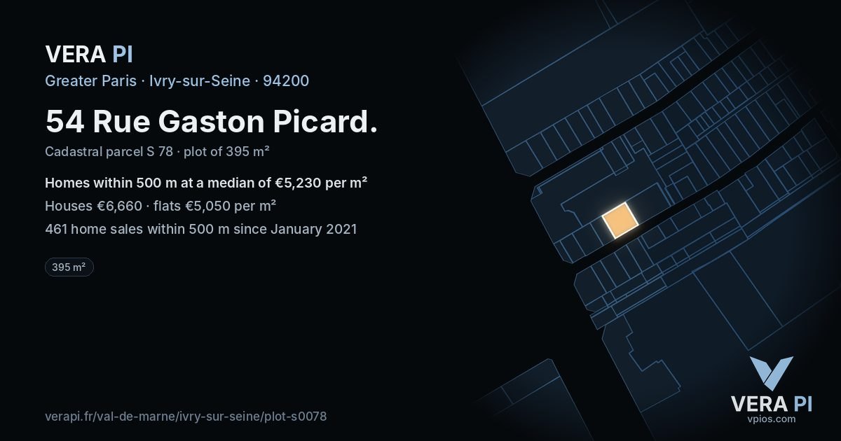 54 Rue Gaston Picard, Ivry-sur-Seine at night – the plot lit, the parcels around coloured by the prices near them