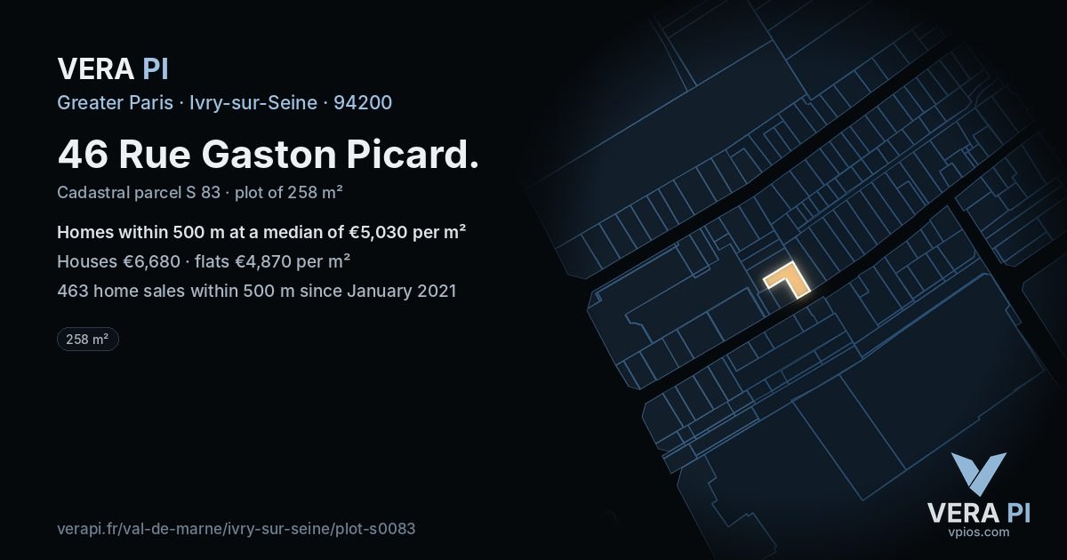 46 Rue Gaston Picard, Ivry-sur-Seine at night – the plot lit, the parcels around coloured by the prices near them