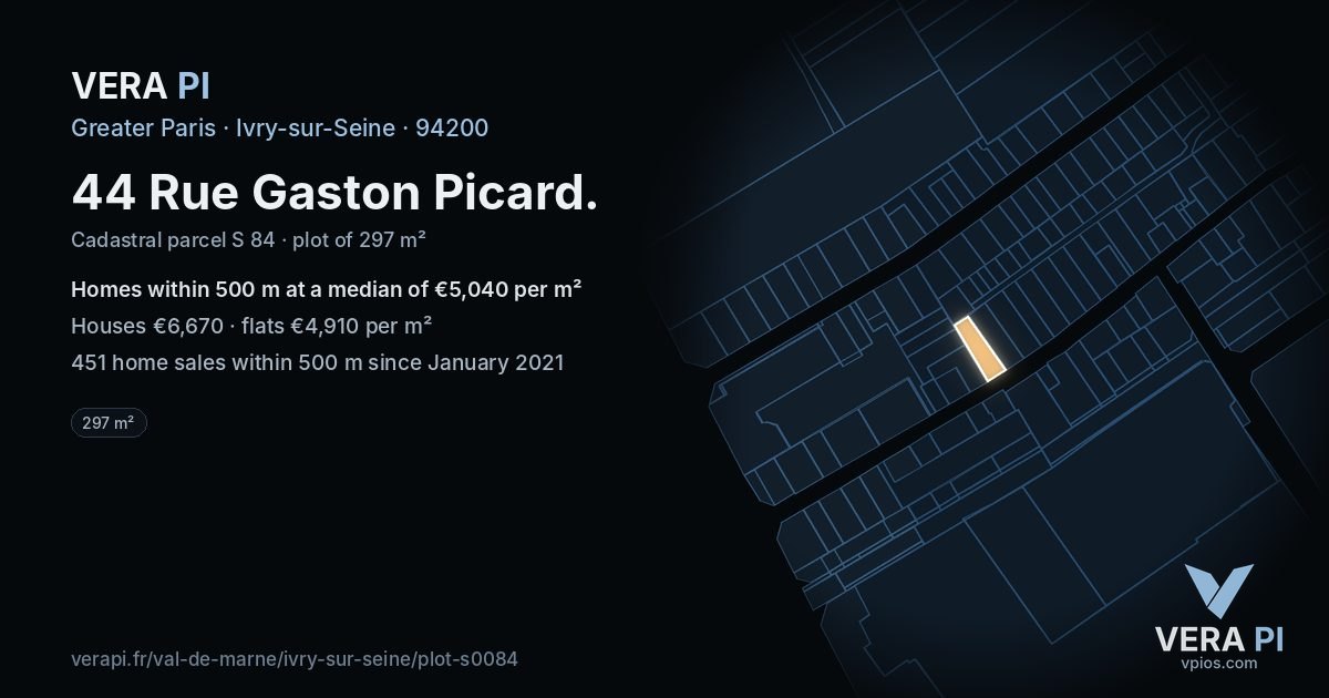 44 Rue Gaston Picard, Ivry-sur-Seine at night – the plot lit, the parcels around coloured by the prices near them