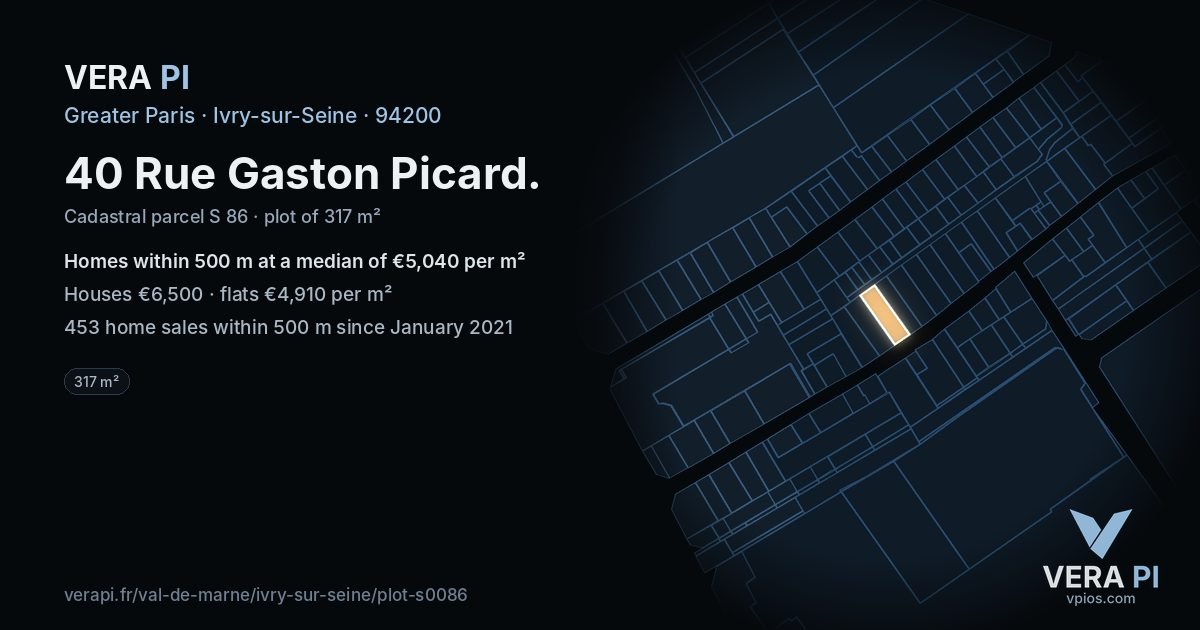 40 Rue Gaston Picard, Ivry-sur-Seine at night – the plot lit, the parcels around coloured by the prices near them
