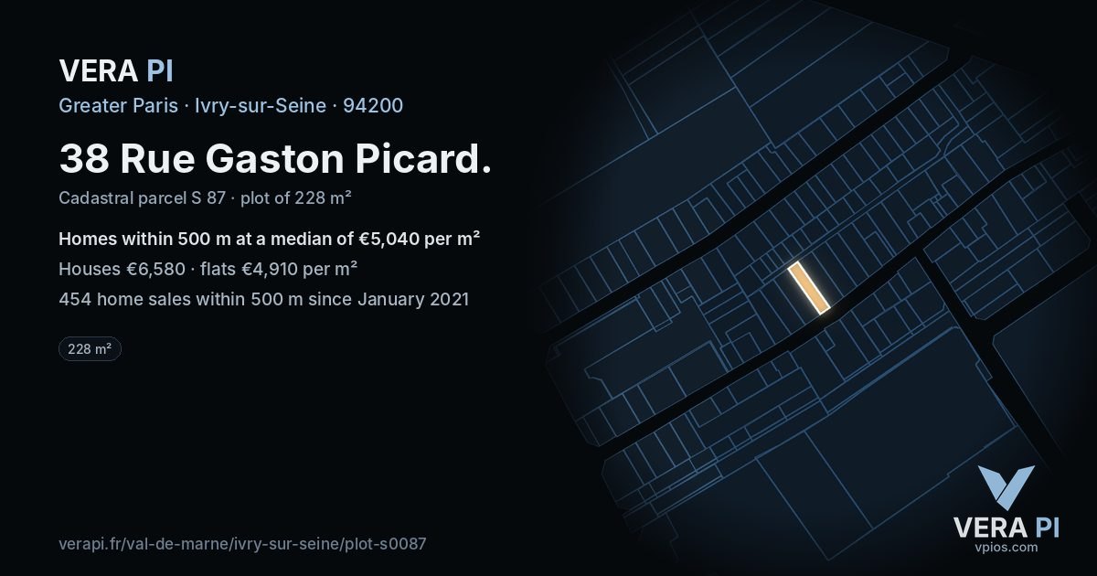 38 Rue Gaston Picard, Ivry-sur-Seine at night – the plot lit, the parcels around coloured by the prices near them