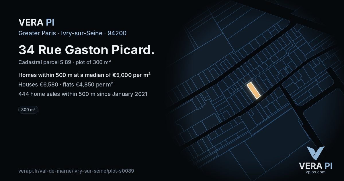 34 Rue Gaston Picard, Ivry-sur-Seine at night – the plot lit, the parcels around coloured by the prices near them