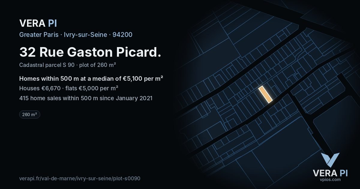 32 Rue Gaston Picard, Ivry-sur-Seine at night – the plot lit, the parcels around coloured by the prices near them