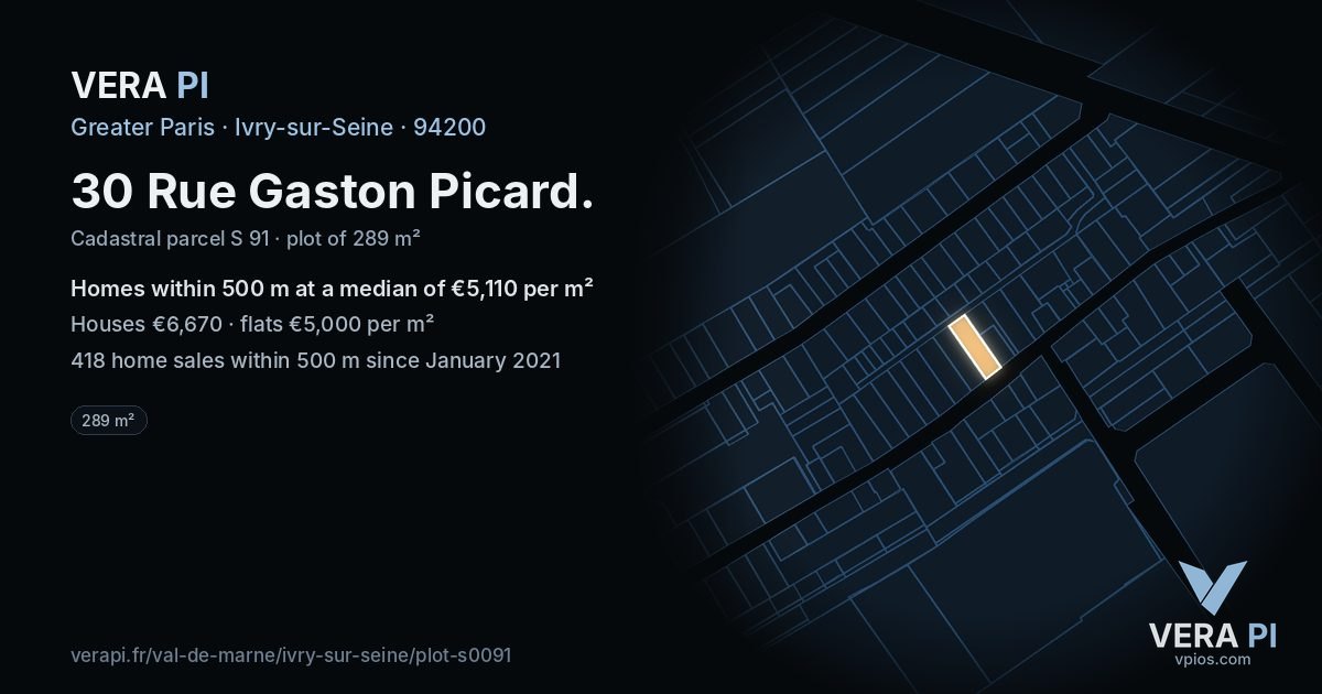 30 Rue Gaston Picard, Ivry-sur-Seine at night – the plot lit, the parcels around coloured by the prices near them