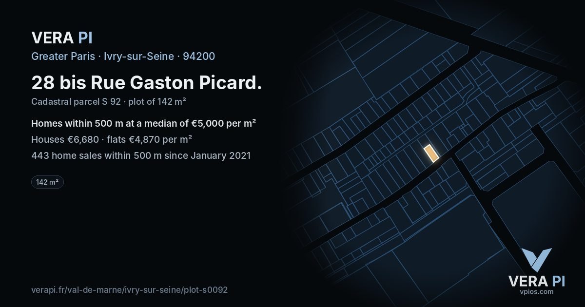 28 bis Rue Gaston Picard, Ivry-sur-Seine at night – the plot lit, the parcels around coloured by the prices near them
