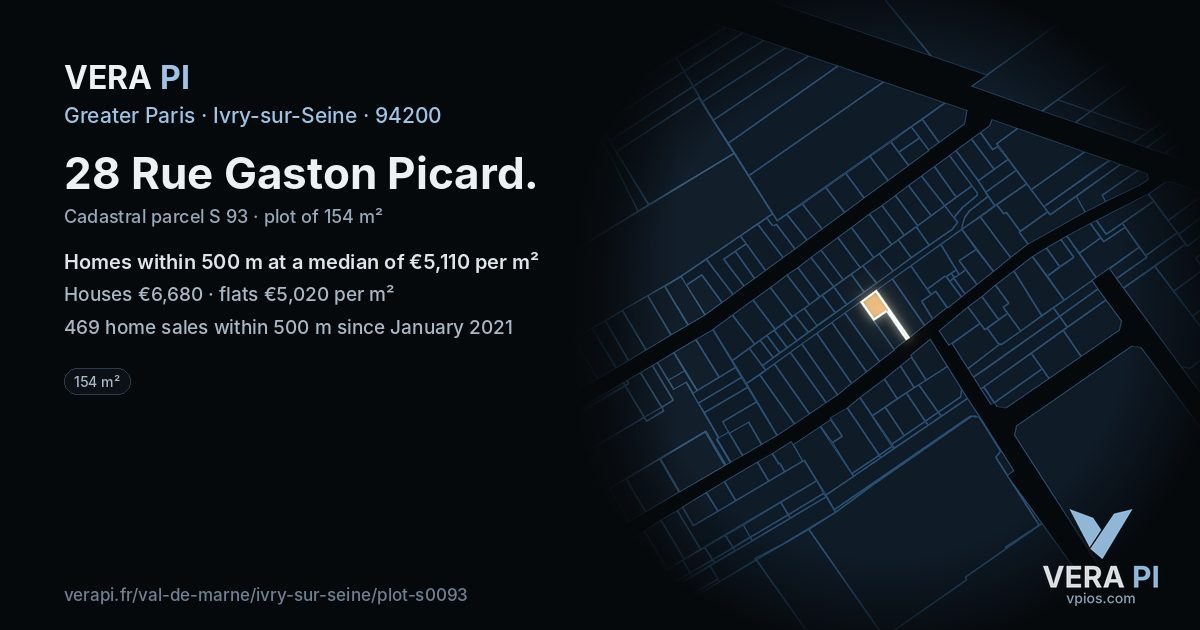 28 Rue Gaston Picard, Ivry-sur-Seine at night – the plot lit, the parcels around coloured by the prices near them