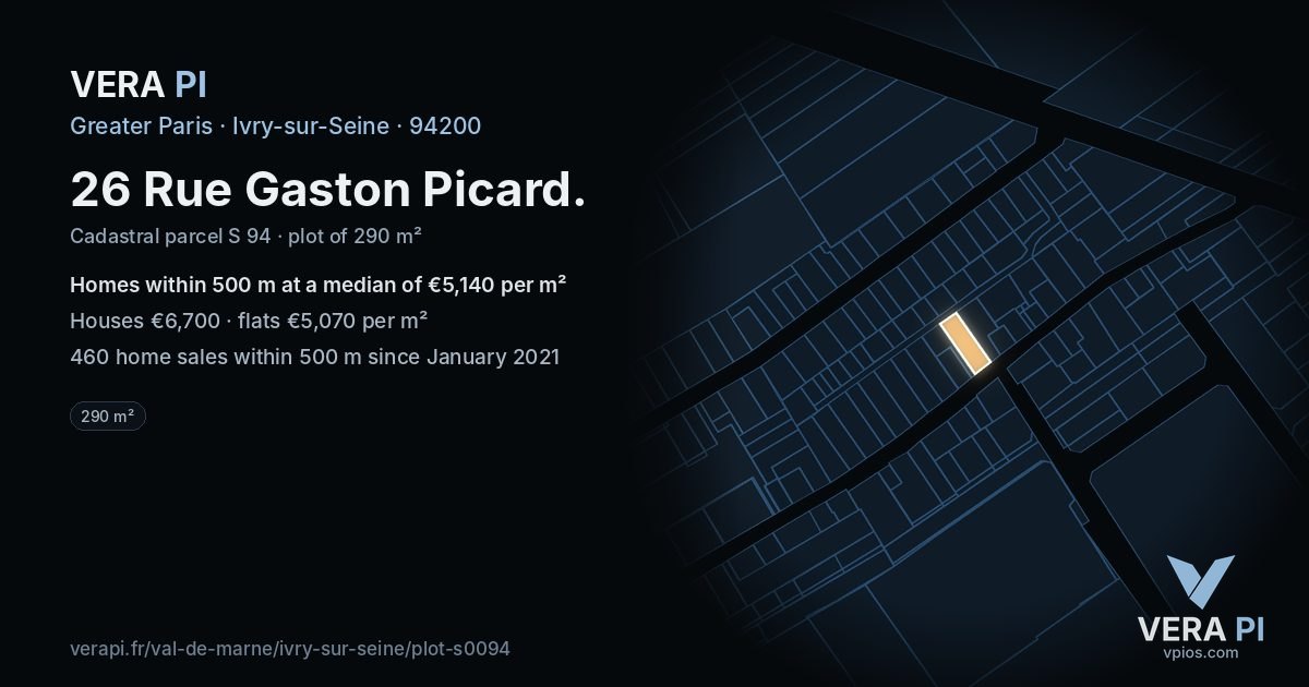 26 Rue Gaston Picard, Ivry-sur-Seine at night – the plot lit, the parcels around coloured by the prices near them