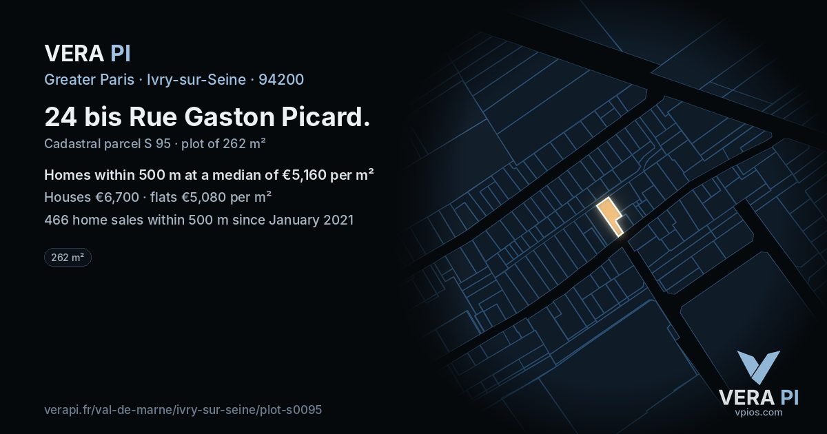 24 bis Rue Gaston Picard, Ivry-sur-Seine at night – the plot lit, the parcels around coloured by the prices near them