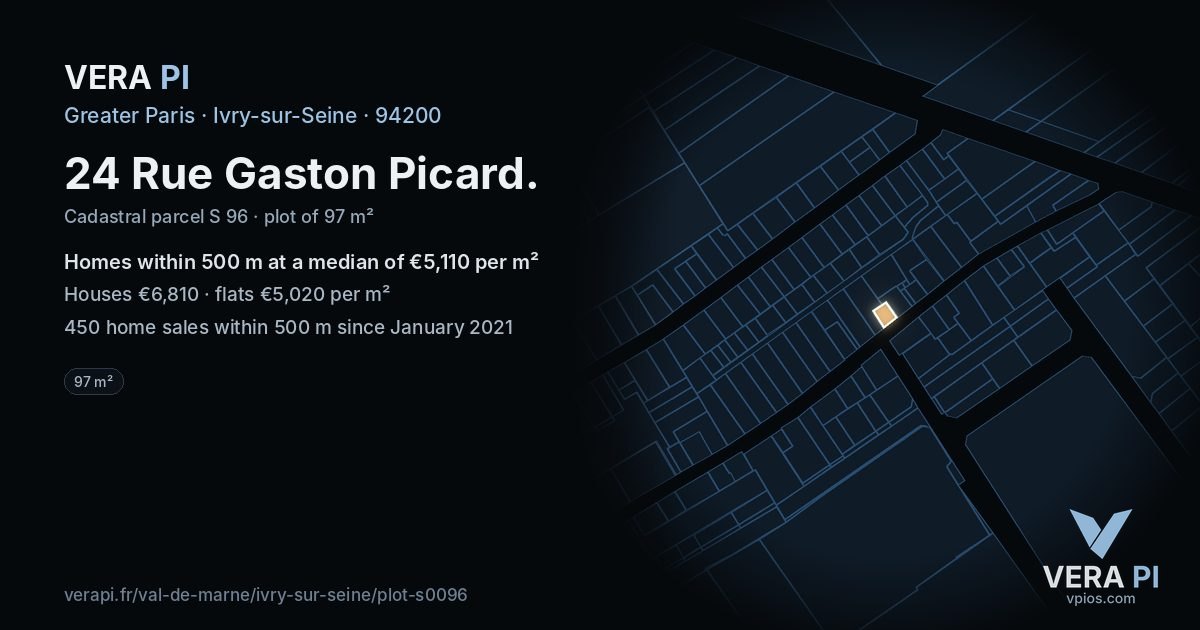 24 Rue Gaston Picard, Ivry-sur-Seine at night – the plot lit, the parcels around coloured by the prices near them