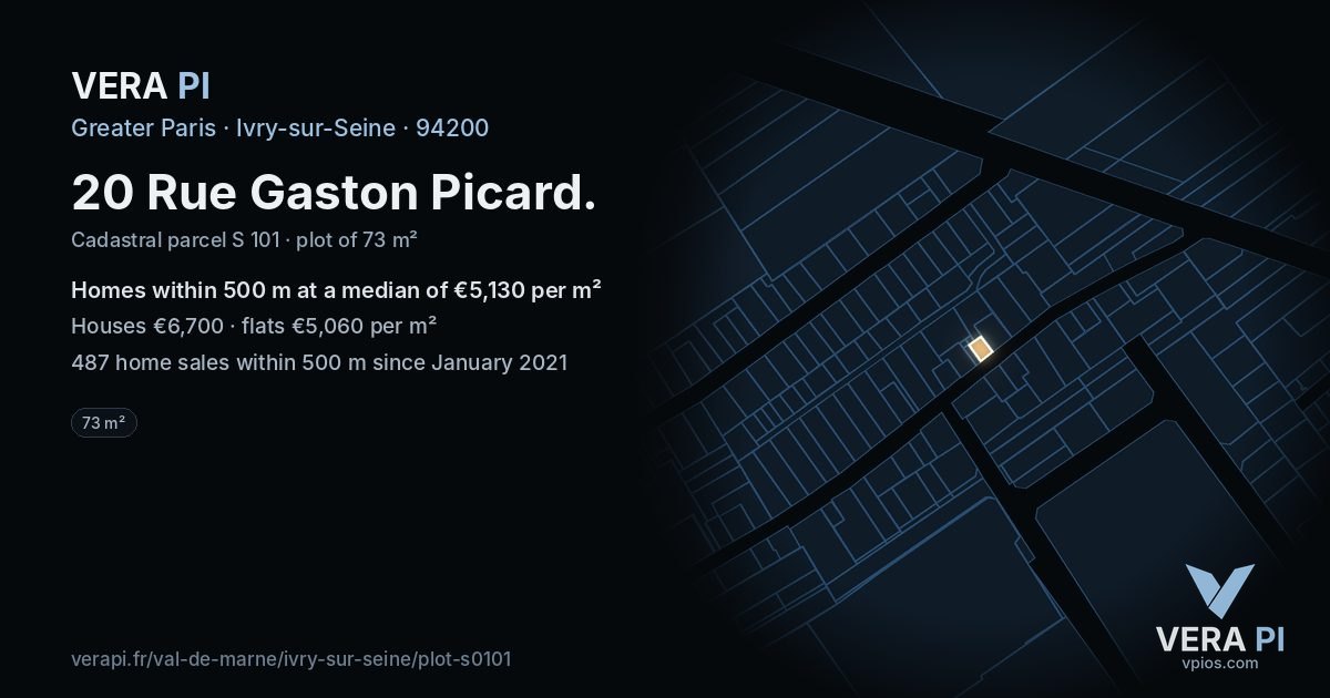 20 Rue Gaston Picard, Ivry-sur-Seine at night – the plot lit, the parcels around coloured by the prices near them