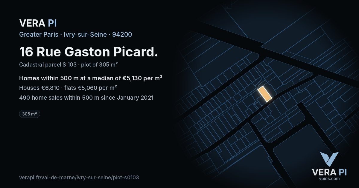 16 Rue Gaston Picard, Ivry-sur-Seine at night – the plot lit, the parcels around coloured by the prices near them