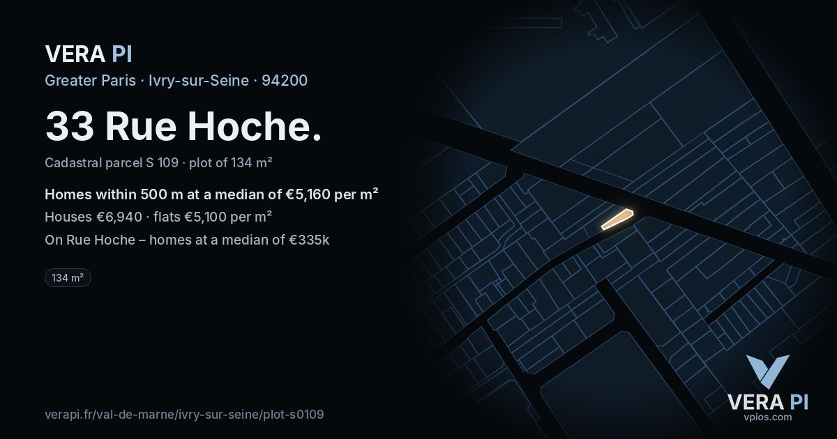 33 Rue Hoche, Ivry-sur-Seine at night – the plot lit, the parcels around coloured by the prices near them