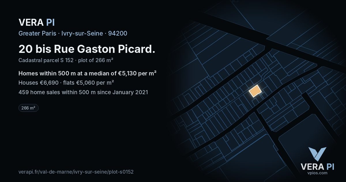20 bis Rue Gaston Picard, Ivry-sur-Seine at night – the plot lit, the parcels around coloured by the prices near them