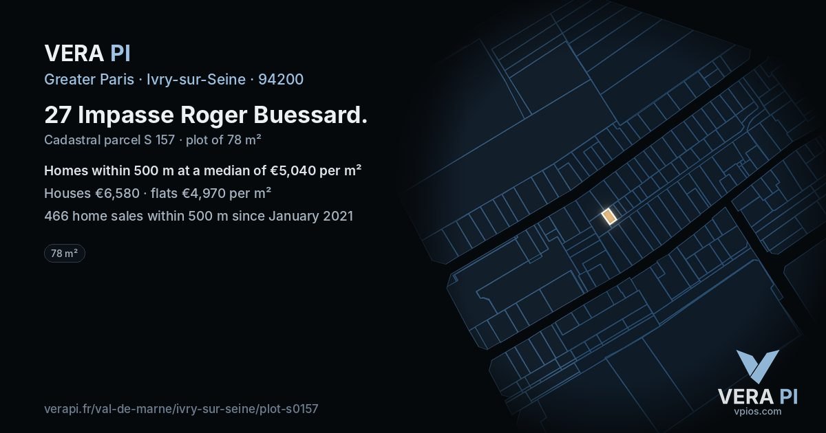 27 Impasse Roger Buessard, Ivry-sur-Seine at night – the plot lit, the parcels around coloured by the prices near them