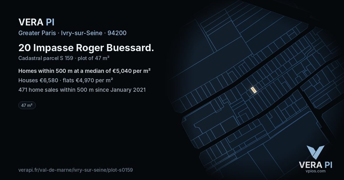20 Impasse Roger Buessard, Ivry-sur-Seine at night – the plot lit, the parcels around coloured by the prices near them